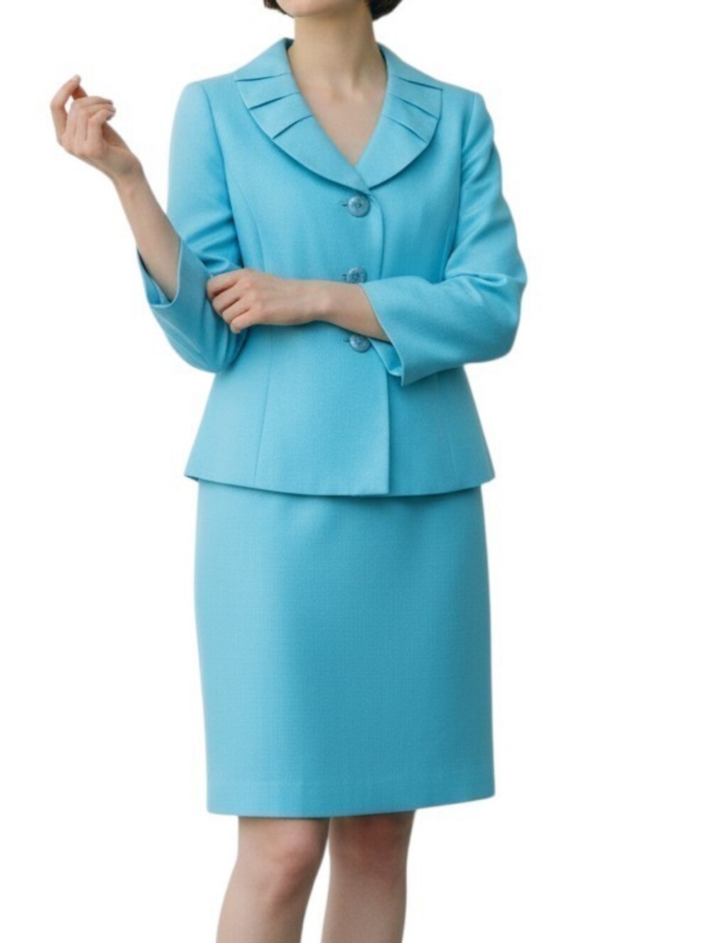 Le Suit Skirt Suit Set Size 14 Aqua Blue Pleated Shawl Collar Vented Lined